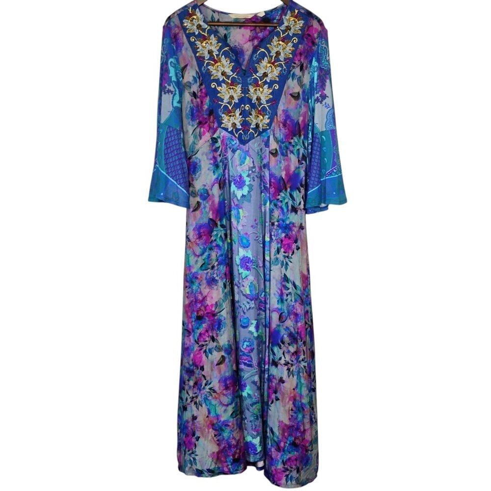 Soft Surroundings Maxi‎ Dress Womens PM Purple Cantina Flora Boho Embroidered